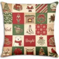 Retro Christmas patchwork throw pillow cover with cute holiday print design for sofa decor. - BZ26731-4