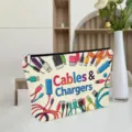 Detailed view of portable cable storage bag with cartoon tech print and secure zipper closure. - ZYHZB8133-17