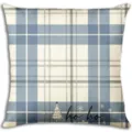 Detailed view of Nordic blue plaid Christmas throw pillow cover with cute tree and holiday text. - Single Sided Peach Skin 45x45cm / BZ2026727-3