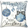 Nordic style Christmas decorative pillowcase featuring blue watercolor ornaments and snowflakes. - BZ2026727-4