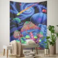 Psychedelic mushroom and starry space tapestry detail, vibrant colorful wall hanging decor. - 90x75cm Polyester / GT202605020-1