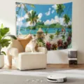 Tropical beach landscape tapestry wall hanging, short plush digital print home decor background. - Style 5