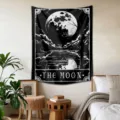 Tarot moon tapestry wall hanging detail, black and white aesthetic fabric decor for bedroom. - 90x75cm (Polyester) / Moon Tarot