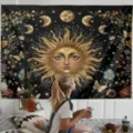 Belle Tapisserie Murale Soleil Lune Bohème Champignon Psychédélique pour la Chambre - 90x75cm Polyester / ZG202603024-4