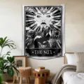 Tapisserie murale tarot soleil noir et blanc décoration esthétique de chambre tissu fond - Tarot du Soleil
