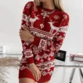 Christmas red deer snowflake jacquard long sleeve crew neck sweater dress for women - S / Red