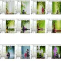 Detailed view showing various zen bamboo and stone shower curtain designs for bathrooms. - T388YL / (90g Base Fabric) 90x180cm
