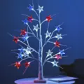 Detailed view of the 4th of July decorative LED birch tree light with red white and blue stars. - Red White and Blue Striped Star Birch Tree Light / Red/White/Blue