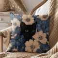 Vintage black cat throw pillow with blue and beige floral pattern, cozy home sofa cushion. - Peach Skin 45x45cm / Style 1