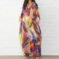Women colorful abstract print beach kaftan loose cover up summer vacation maxi dress apparel - One Size / Red