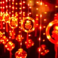 Festive LED curtain string lights with Chinese Fu character hanging ring decorations for New Year. - Round Fu Character & Lantern Curtain Light