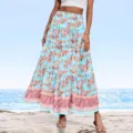 Boho floral print maxi skirt for women, high waist casual long beach skirt, elegant holiday wear. - S / Blue Base Pink Flower
