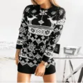 Christmas reindeer snowflake jacquard long sleeve sweater dress for women winter warm - S / Black