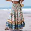 Bohemian floral maxi skirt for women, high waist loose casual beach long skirt detail view. - S / Yellow Background Purple Floral