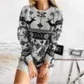 Christmas reindeer snowflake knitted sweater dress, long sleeve winter casual pullover dress. - S / Gray