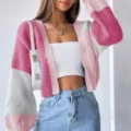 Details of the trendy color block knitted cardigan sweater, casual long sleeve knitwear. - S / Pink