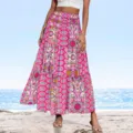 Details of women's boho high waist printed maxi skirt, perfect for summer beach holiday. - Rose Red