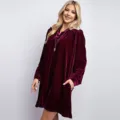 Vestido de terciopelo de manga larga con cuello en V para mujer, liso, holgado, recto, otoño invierno. - S / Burdeos
