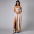 Satin evening dress detail featuring cowl neck, spaghetti straps, and high leg slit design. - S / Khaki