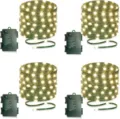 LED string lights detail view showing waterproof battery box with 9 lighting modes and green wire. - 5M Dark Green Wire / Warm White