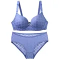 Blue grid women bra and panties set push up comfortable and breathable lingerie - 75B / Dark Blue