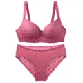 Detailed view of the pink push-up bra and panties set with geometric grid texture pattern. - Burgundy