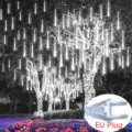 LED meteor shower light string, outdoor waterproof holiday decorative string light with EU plug. - 30cm * 8 Pieces (Plug-in 220V) / White