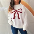 Pull maille femme manches longues col rond avec nœud rouge style mode hiver haut chic - S / Blanc Rouge