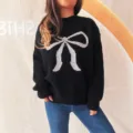 Pull en tricot noir pour femme avec grand nœud blanc, haut décontracté à manches longues. - S / Noir
