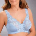 Detailed view of light blue lace front-closure bra showing exquisite floral patterns. - S / Blue