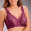 Detailed view of the front closure plus size lace bra, showcasing support and design. - S / Purple