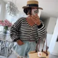 Chic black and white striped V-neck knitted cardigan sweater for women, perfect for autumn. - S / Black
