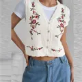 Detailed view of embroidered knit vest floral pattern v-neck button-down casual style top - S / White