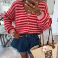 Women red pink striped v-neck long sleeve knit cardigan sweater with denim shorts outfit. - S / Red