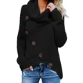 Damen Herbst Winter Einfarbig Rollkragen Knopf Langarm Strickwaren Pullover Top - S / Schwarz