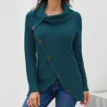 Dunkelgrüner Waffelstrick Damen Pullover mit Stehkragen und asymmetrischen Knöpfen für den Winter. - S / Blau