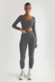 Σet yoga με ριμπ crop top μακρυμάνικο μονόχρωμο και κολάν λεπτομέρεια εφαρμογής - S / Πάνω και Κάτω / Γκρι