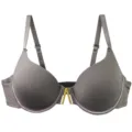 Close-up view of the seamless underwire bra featuring a chic gold tone center V hardware detail. - 75C / Gray
