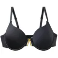 Detail view of sexy black seamless push-up bra featuring a stylish gold V-shaped metal buckle accent. - 75C / Black