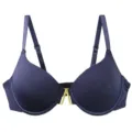 Detail view of a solid navy blue underwire seamless push-up bra with central gold V hardware. - Dark Blue