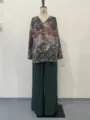Dames 2-delige set V-hals lang mouw geprinte blouse en donkergroene wijde broek - S / Olijfgroen