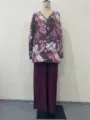 Dames V-hals lange mouw abstracte print blouse en wijde broek tweedelig set detail - S / Fuchsia