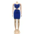 Detailed view of the sexy royal blue cutout strap crop top and bodycon mini skirt set. - S / Blue