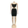 Sexy black cutout bodycon dress detail view, featuring adjustable straps and stylish metal ring waist lacing. - S / Black
