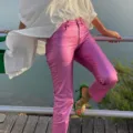 High-waist metallic pink faux leather tight pencil pants for women, trendy fashion trousers. - S / Rose Red