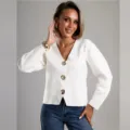 Cárdigan de punto con cuello en V para mujer jersey blanco corto con botones de otoño. - S / Blanco