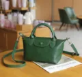 Dark green leather tote bag with top handle and shoulder strap vintage style daily purse - Green