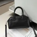 Black genuine leather Boston bag classic top handle shoulder crossbody handbag everyday use - 25-12-15cm / Black