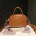 Vintage brown genuine leather Boston handbag, stylish retro shoulder crossbody bag details. - Walnut