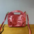 Vintage genuine leather women crossbody handbag, retro wine red shoulder bucket bag style. - Red